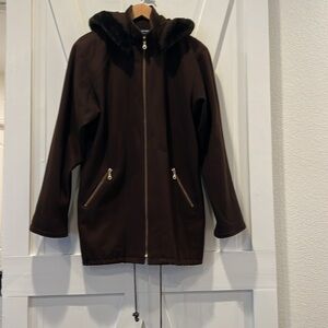 Herman Kay Brown Wool Hooded Faux Fur Trim Coat Size 8